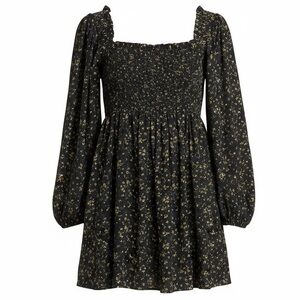 GANNI Floral Print Smocked Mini Dress Long Sleeve Balloon Puff Sleeve Size US 6